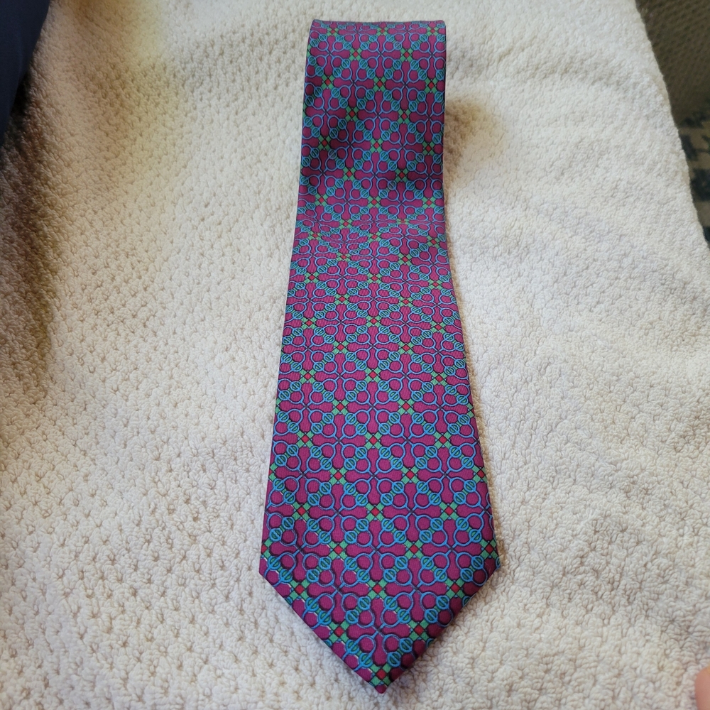 Hermes 100% Silk Tie 7109 OA Plum/Purple Wirh Blue Green Links Equestrian